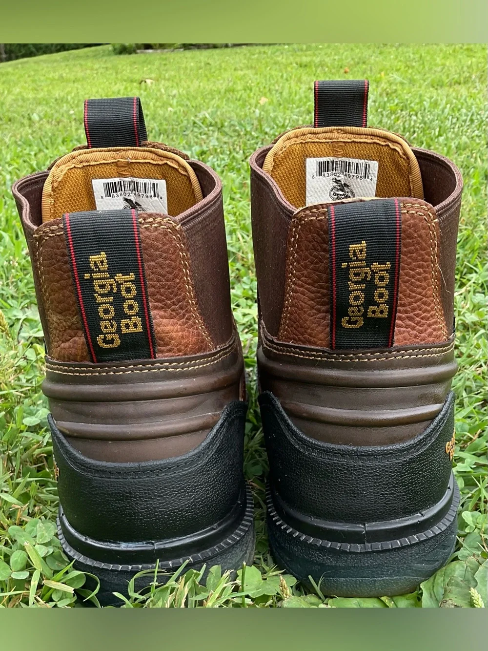 Georgia Boot Brown Leather Chelsea Work Boots with Black Toe Caps